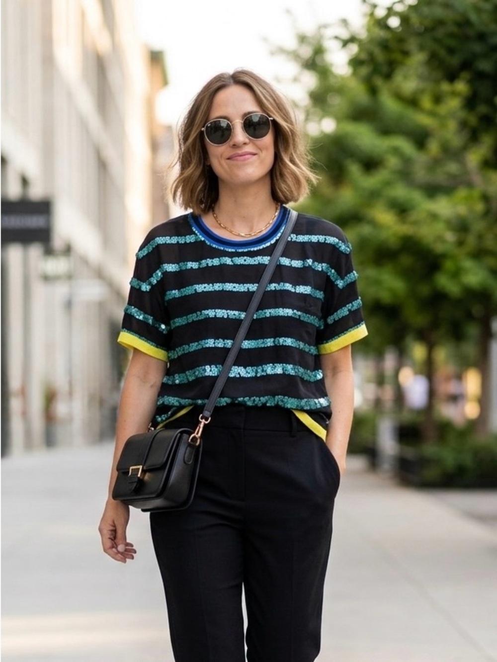 Madison Marcus 100% Silk Sequin Colorblock Stripe Blouse | S